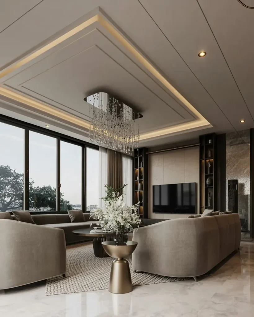19 Luxury And Modern Ceiling Design Ideas 9 Contemporary Coffered Ceiling with Rain Chandelier