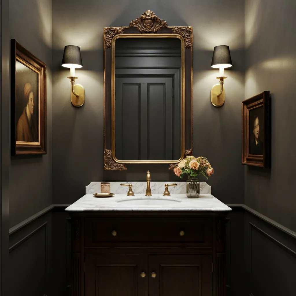 These 25+ Powder Room Ideas Are So Good You'll Want to Redo Yours Tonight 26 Dark Academia Escape