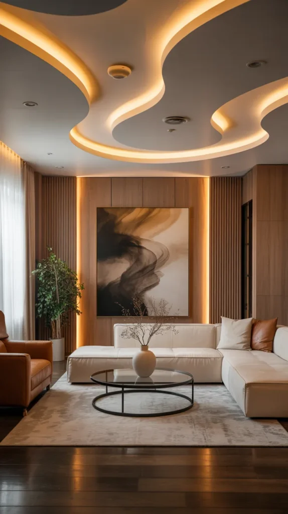 19 Luxury And Modern Ceiling Design Ideas 12 Flowing Suspended Ceiling with LED Glow