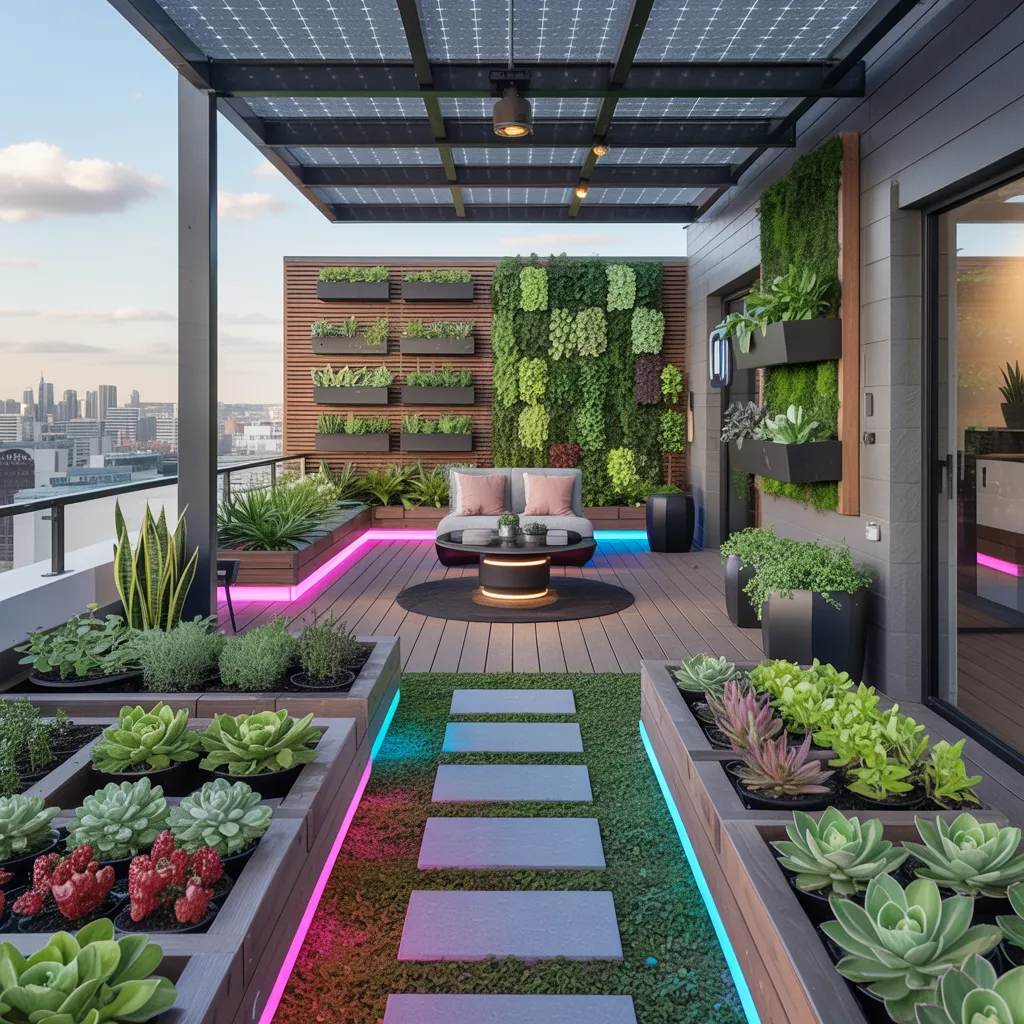 30+ Garden Ideas That’ll Make You Cancel Your Vacation Plans 7 Futuristic Rooftop Garden with Smart Lighting