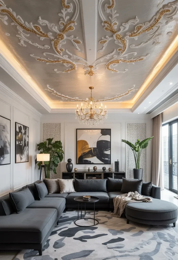 19 Luxury And Modern Ceiling Design Ideas 5 Gilded Bas-Relief Scrollwork Ceiling