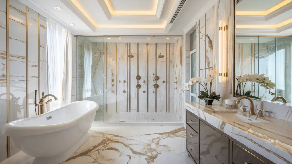 32+ Bathroom Ideas That Will Make Guests Think You Hired a Designer 5 Grand Marble and Gold Bathroom Sanctuary