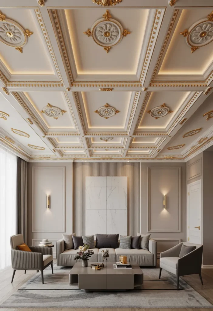 19 Luxury And Modern Ceiling Design Ideas 16 Illuminated Coffered Ceiling with Gilded Rosettes