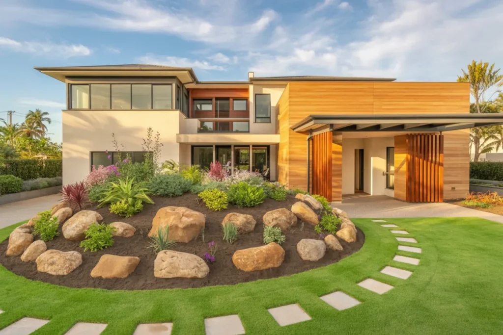 30+ Garden Ideas That’ll Make You Cancel Your Vacation Plans 4 Modern Front Yard with Rockery and Stepping Stones