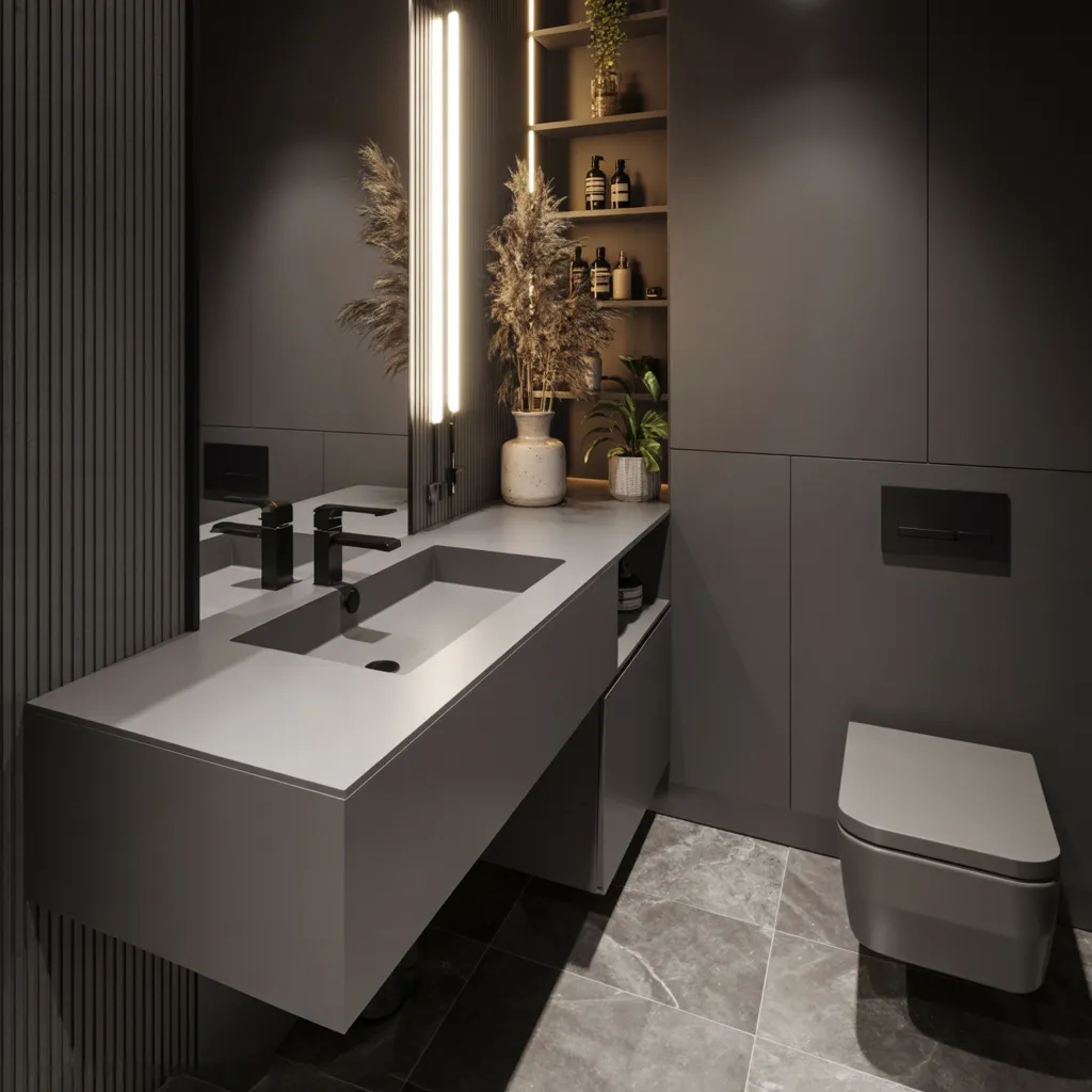 These 25+ Powder Room Ideas Are So Good You'll Want to Redo Yours Tonight 13 Monochromatic Mood