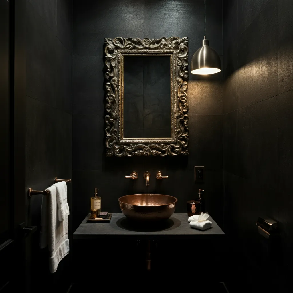 These 25+ Powder Room Ideas Are So Good You'll Want to Redo Yours Tonight 20 Moody Metallics