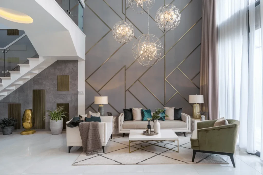 30+ Living Room Ideas That Will Make Your Home Look 10x More Expensive 3 Striking Modern Living Room with Geometric Flair