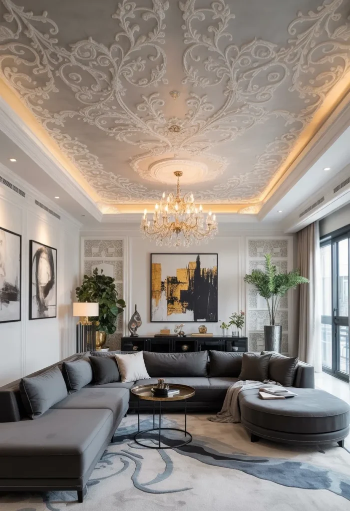 19 Luxury And Modern Ceiling Design Ideas 19 Textural White-on-Grey Bas-Relief Ceiling