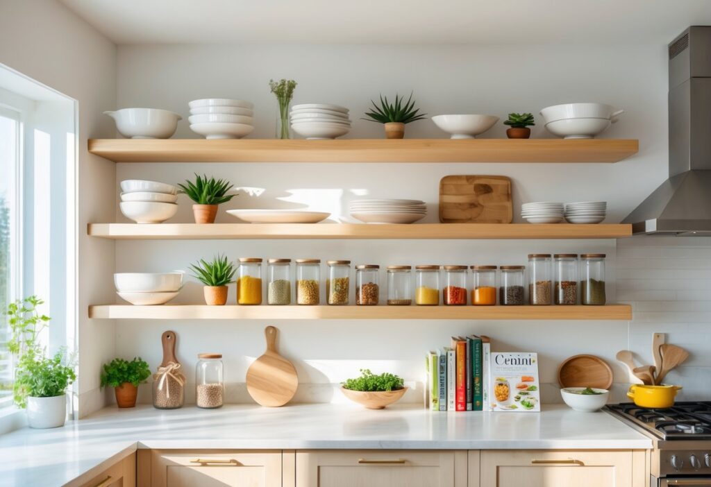 How to Decorate Open Kitchen Shelves for a Stylish and Functional Look 2 Open kitchen shelves decorated with dishes, glass jars, plants, and cookbooks in a bright kitchen.