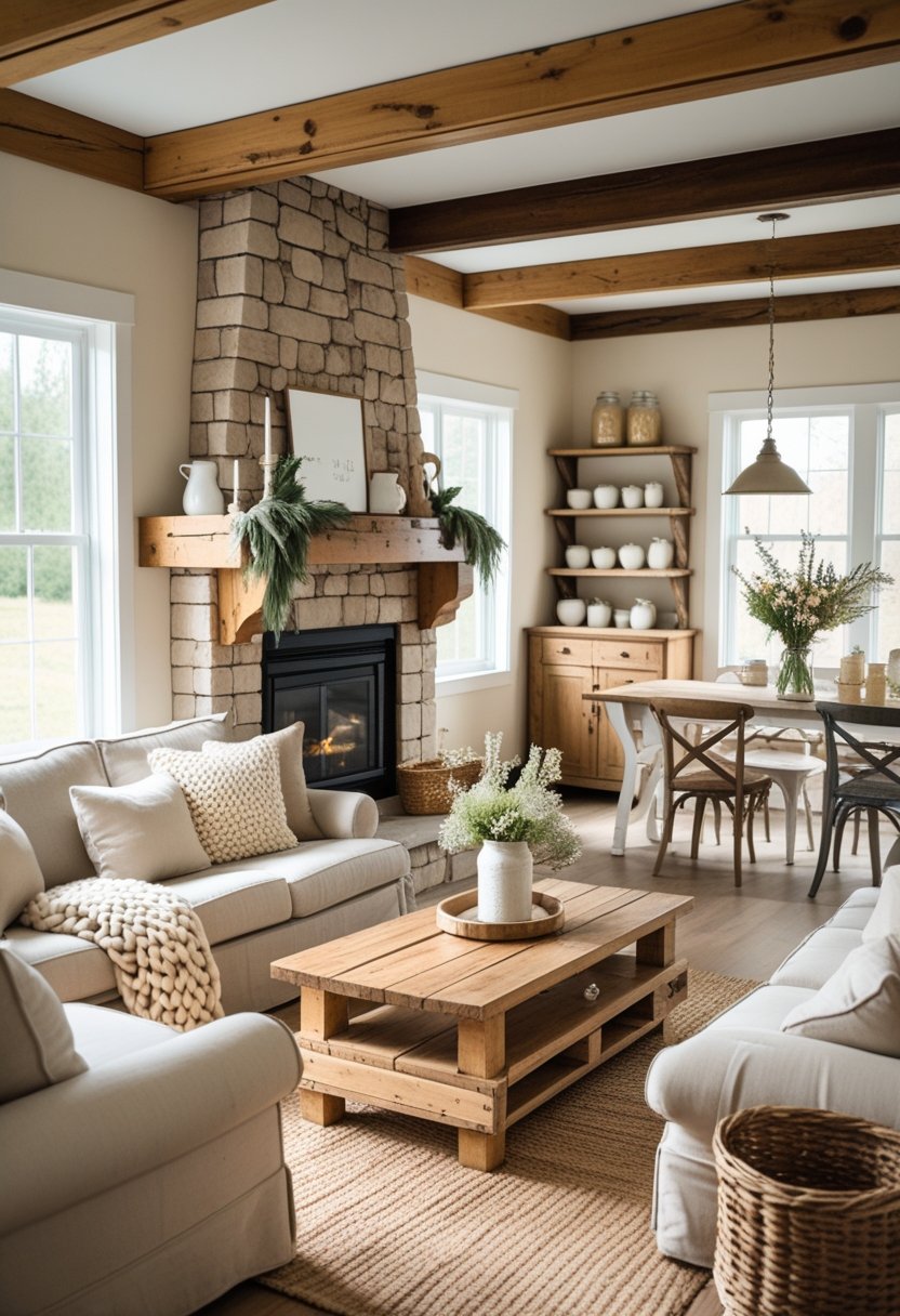 How to Decorate With Rustic Farmhouse Style: Essential Guide 2 A cozy living room with wooden beams, a stone fireplace, neutral sofas, a wooden coffee table, and a dining table with fresh flowers, all bathed in natural sunlight.