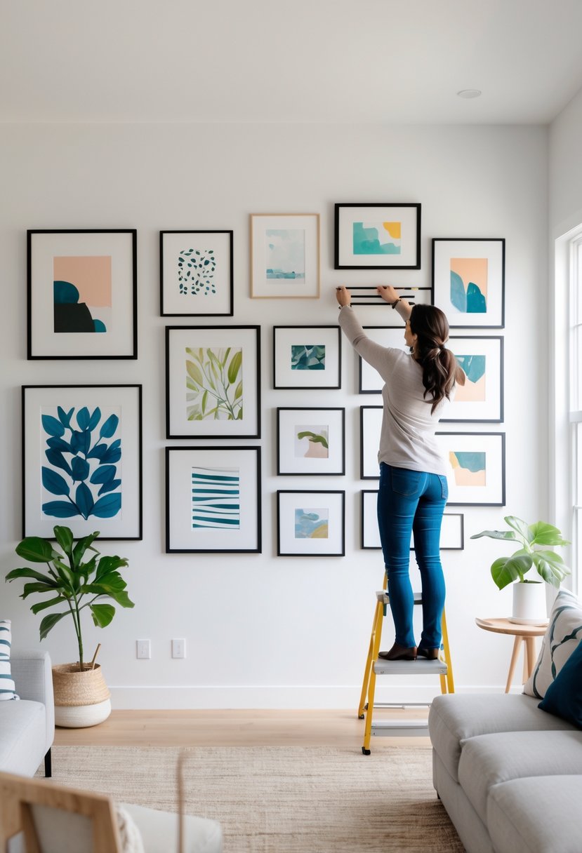 How to Create Gallery Wall That Enhances Your Living Space 2 A person adjusting framed pictures on a gallery wall in a bright living room with modern furniture.