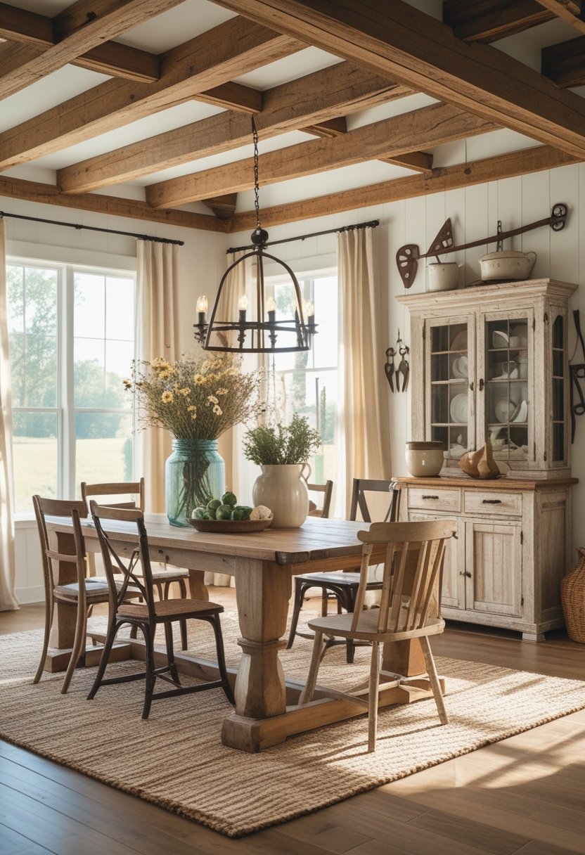 How to Decorate With Rustic Farmhouse Style: Essential Guide 3 A sunlit living room with wooden furniture, a dining table, woven rug, and decorative flowers on a table.