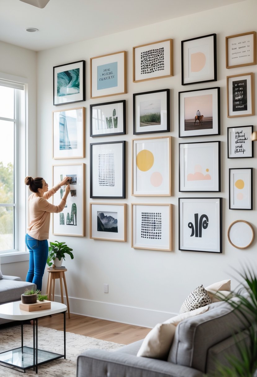 How to Create Gallery Wall That Enhances Your Living Space 3 A person arranging framed artwork on a living room wall with multiple pictures in various sizes and styles.