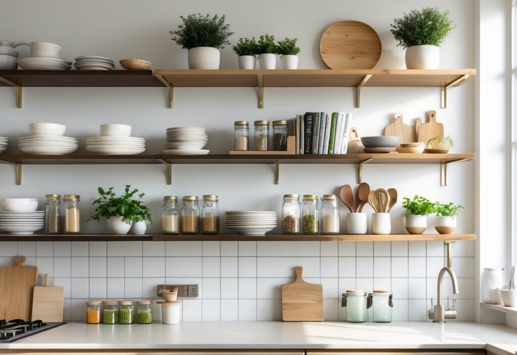How to Decorate Open Kitchen Shelves for a Stylish and Functional Look 4 Open kitchen shelves decorated with dishes, jars, cookbooks, and plants in a bright kitchen.