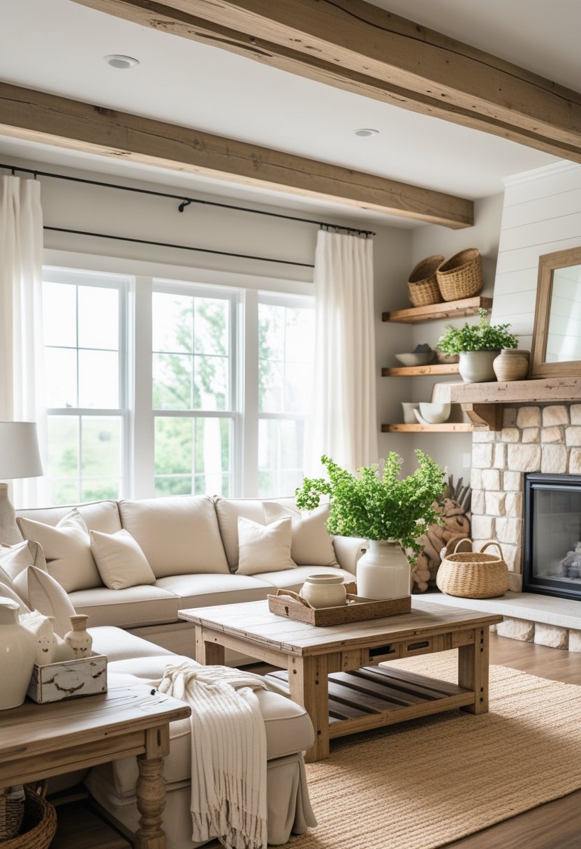 How to Decorate With Rustic Farmhouse Style: Essential Guide 4 A bright living room with a beige sofa, wooden furniture, a stone fireplace, and potted plants near large windows.