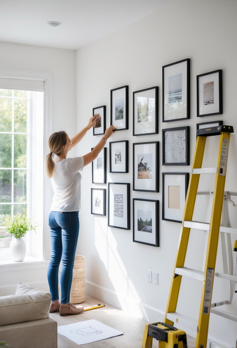 How to Create Gallery Wall That Enhances Your Living Space 4 A person arranging framed artwork .