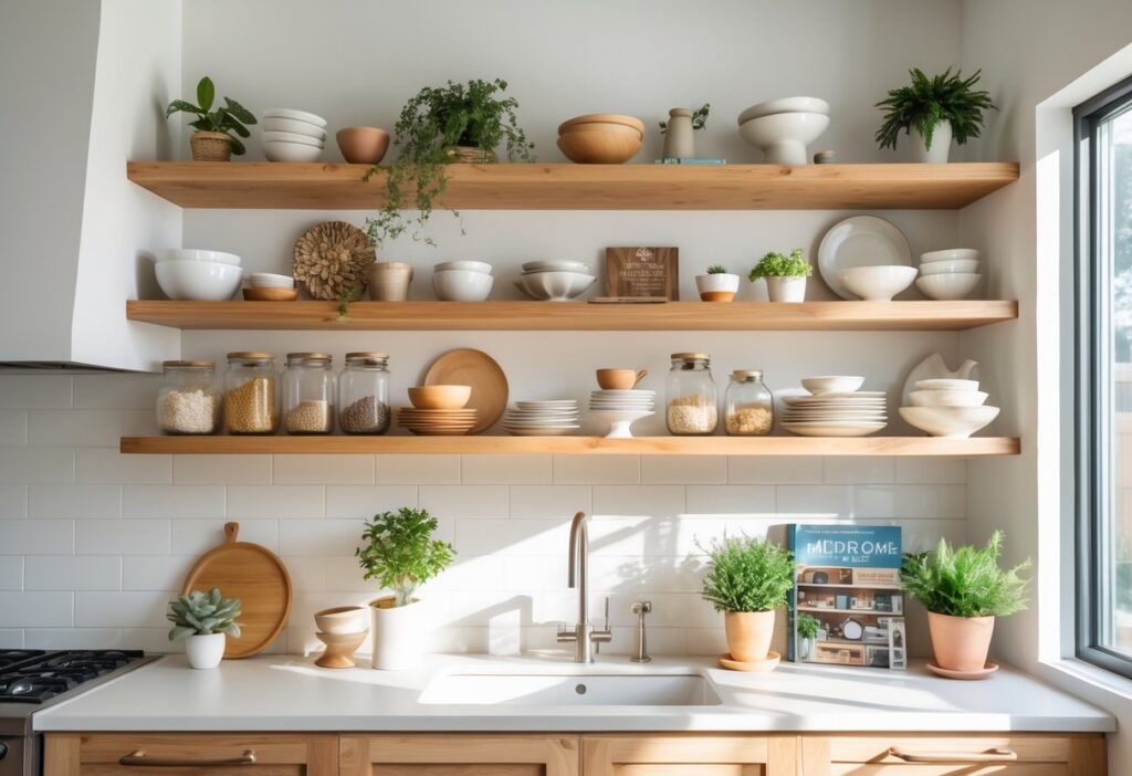 How to Decorate Open Kitchen Shelves for a Stylish and Functional Look 5 Open kitchen shelves decorated with dishes, jars, plants, and cookbooks in a bright kitchen.
