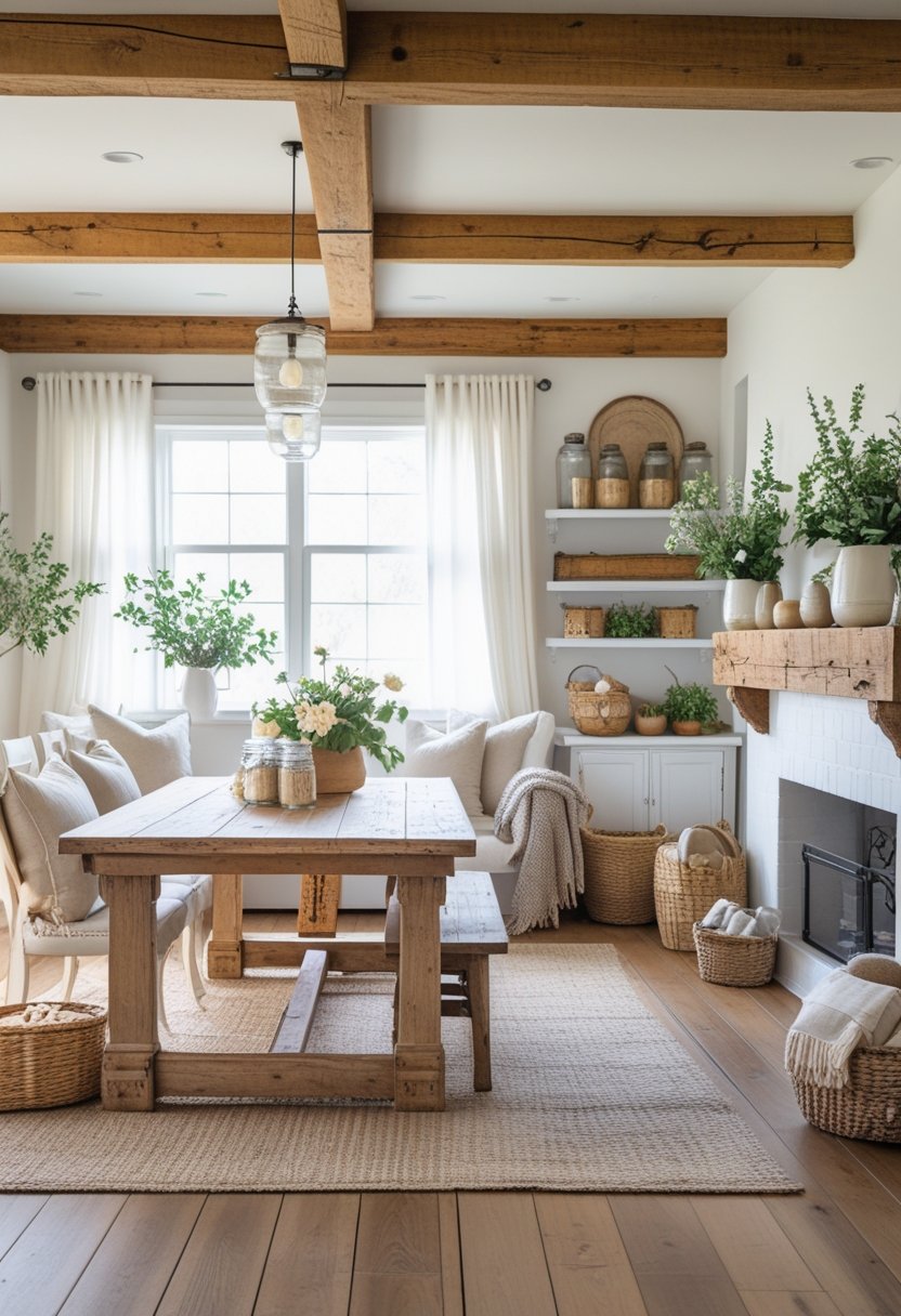 How to Decorate With Rustic Farmhouse Style: Essential Guide 5 A cozy living room with wooden furniture, soft cushions, plants, and natural light coming through large windows.