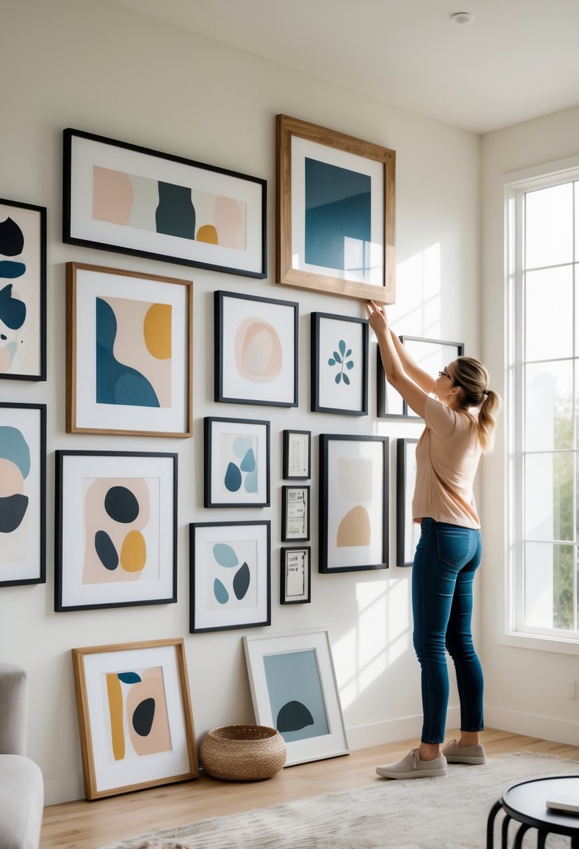 How to Create Gallery Wall That Enhances Your Living Space 5 A person arranging various framed artworks on a large living room wall to create a gallery wall.