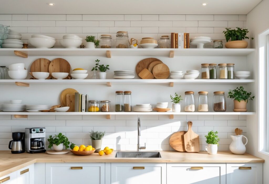 How to Decorate Open Kitchen Shelves for a Stylish and Functional Look 6 Open kitchen with neatly arranged shelves holding dishes, glass jars, plants, and cookbooks above a clean countertop with kitchen items.