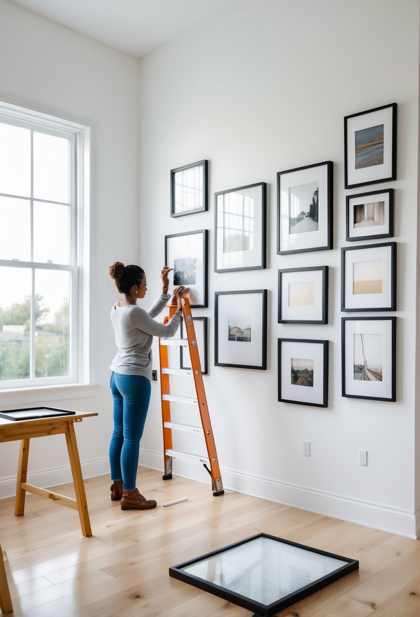 How to Create Gallery Wall That Enhances Your Living Space 6 Person arranging picture frames on a white wall to create a gallery wall layout in a bright room.