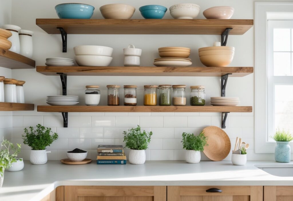 How to Decorate Open Kitchen Shelves for a Stylish and Functional Look 7 Open kitchen shelves neatly arranged with bowls, jars, cookbooks, and small plants in a bright kitchen.