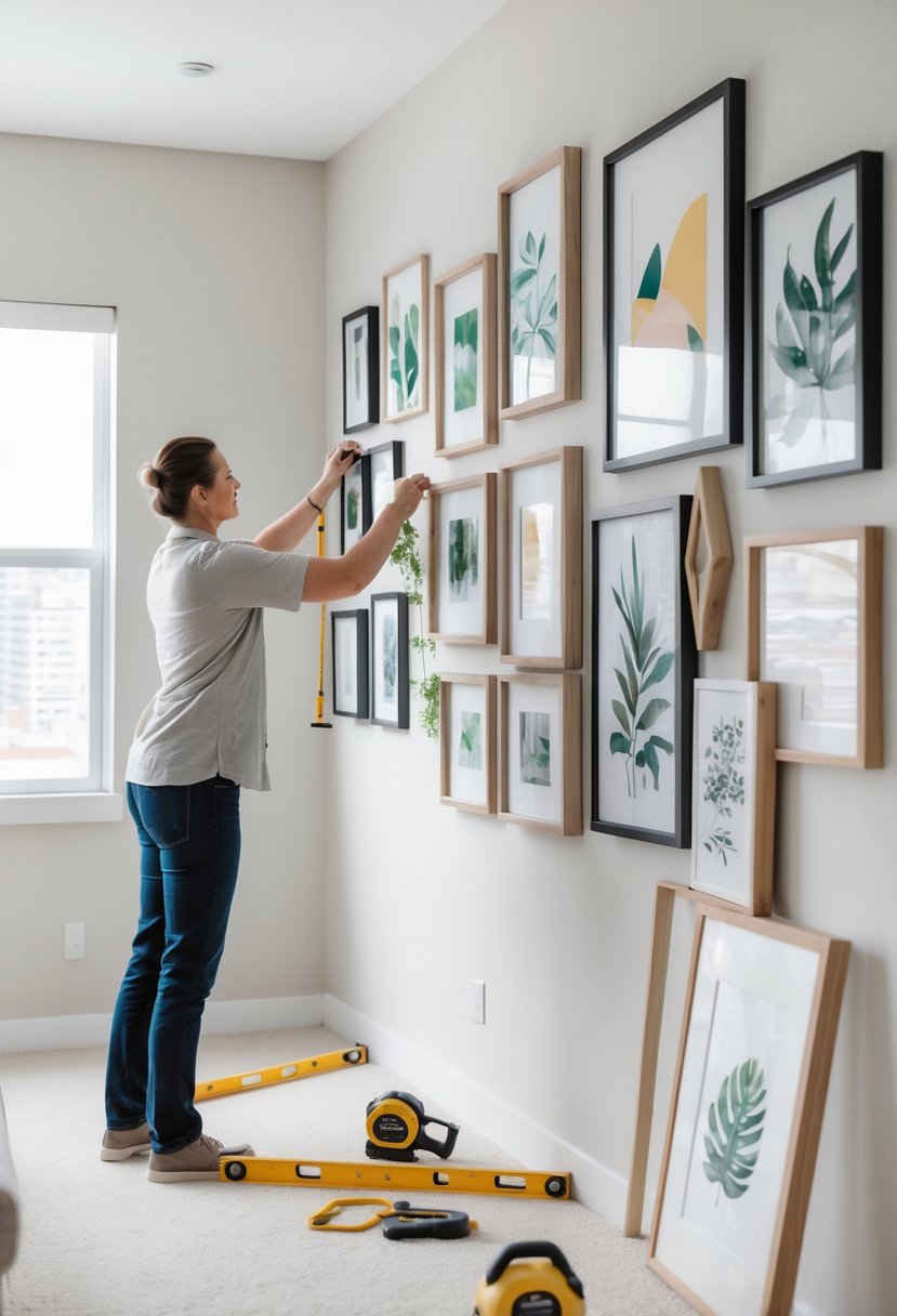 How to Create Gallery Wall That Enhances Your Living Space 7 Person hanging framed art pieces on a wall to create a gallery display in a bright living room.