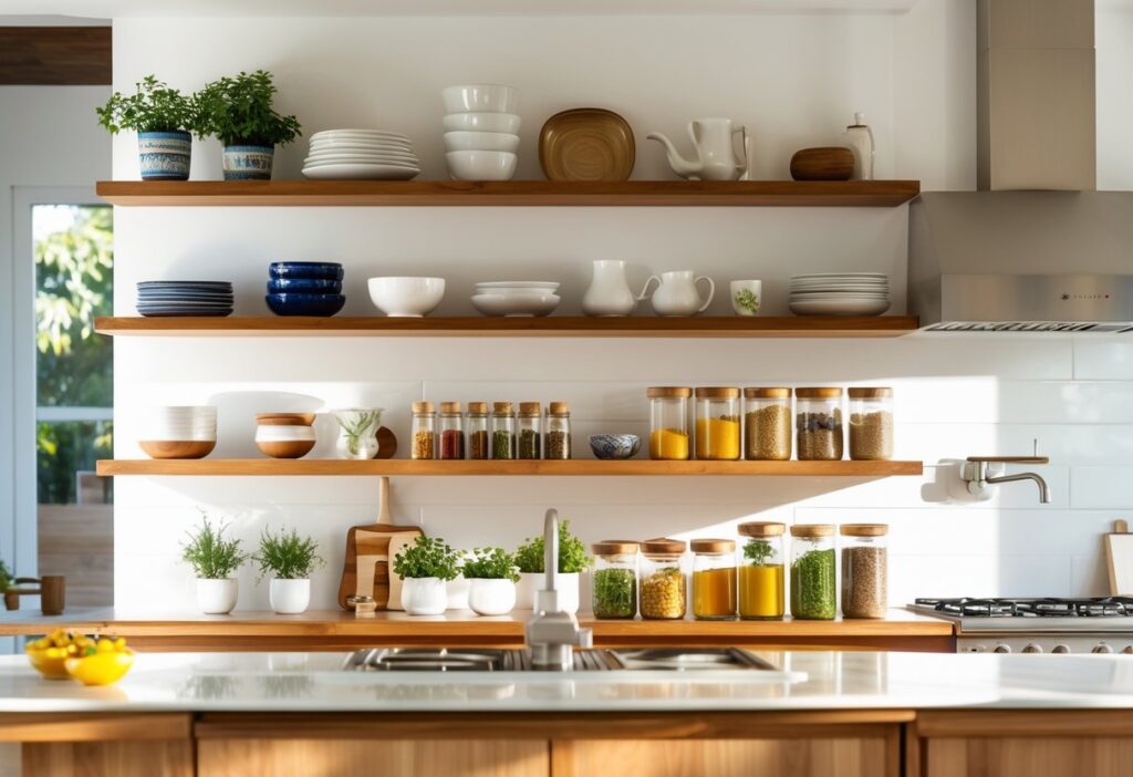 How to Decorate Open Kitchen Shelves for a Stylish and Functional Look 8 Open kitchen with neatly arranged shelves displaying dishes, spice jars, and potted herbs above a wooden countertop.