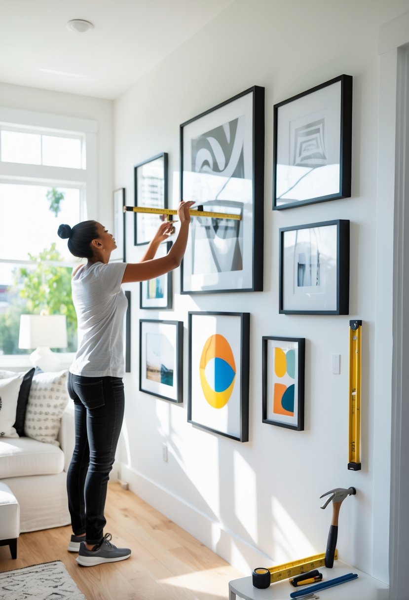 How to Create Gallery Wall That Enhances Your Living Space 9 Person arranging framed photos and artwork on a gallery wall in a bright living room.