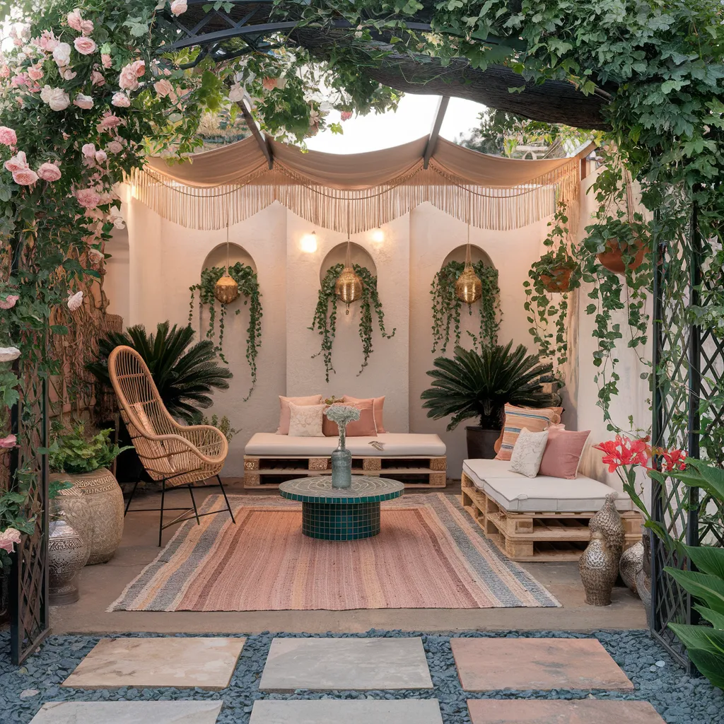 31+ Unique Patio Ideas That Will Make You Never Want to Go Inside 14 Arched Boho Garden Nook with Pallet Seating