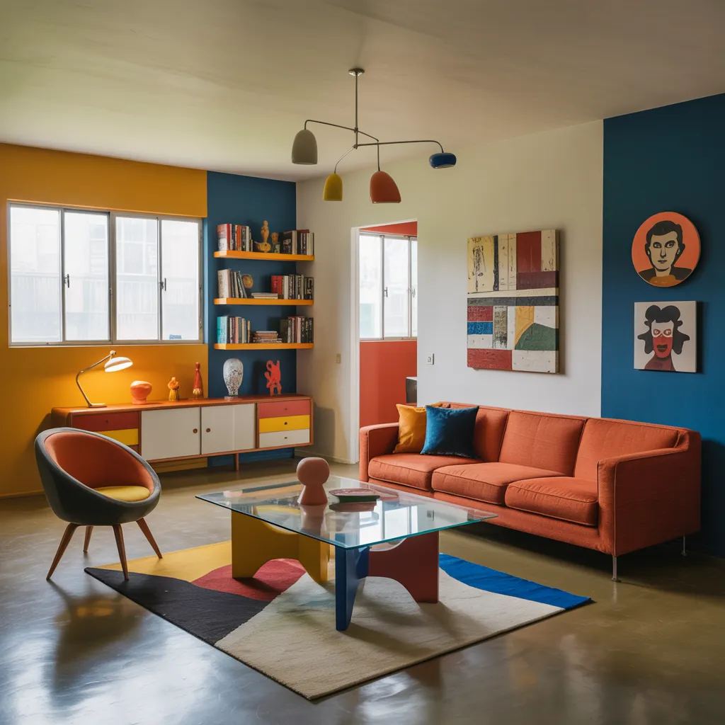 Steal These Designer-Approved Mid Century Modern Living Room Ideas 4 Artistic Color-Block Mid-Century Living Room