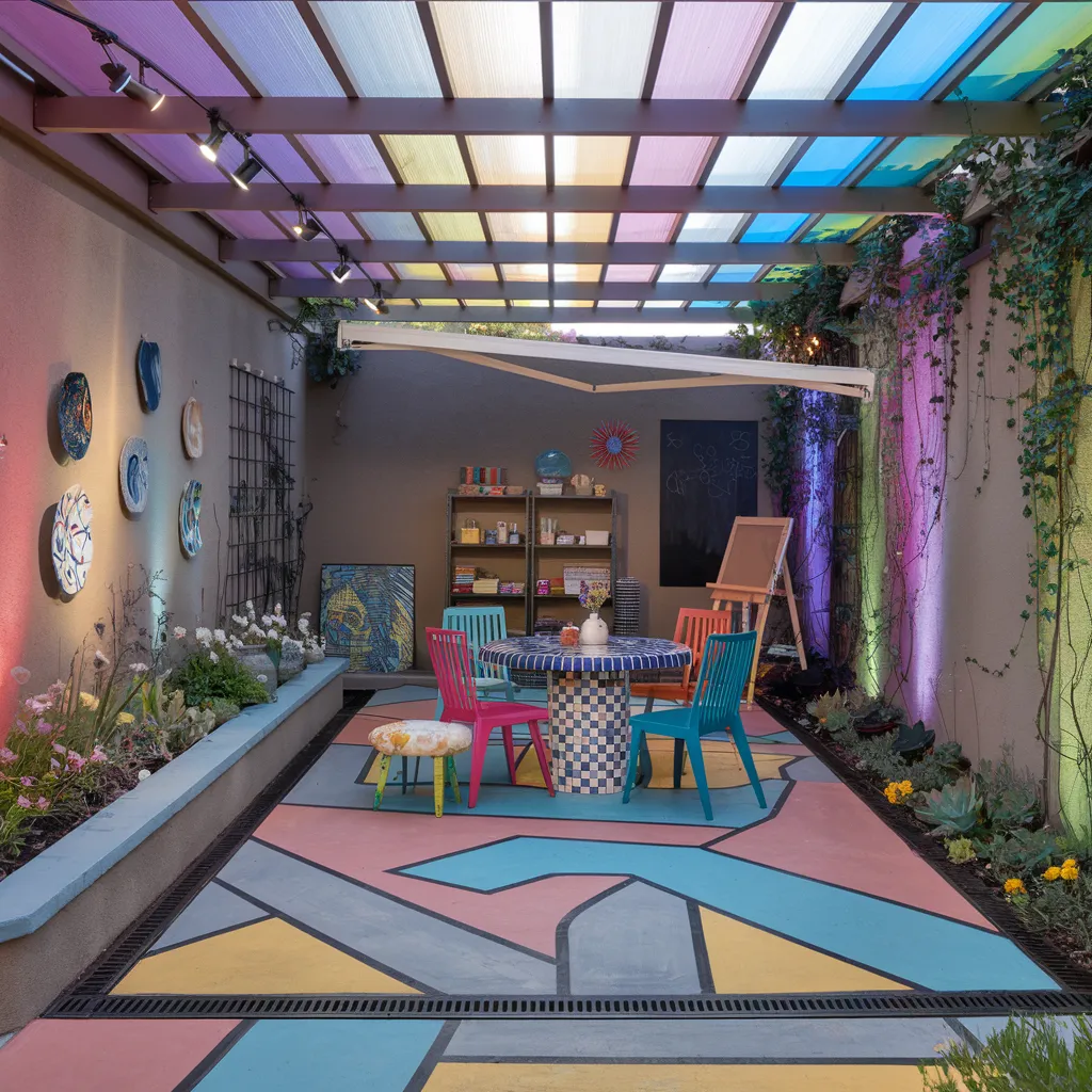 31+ Unique Patio Ideas That Will Make You Never Want to Go Inside 31 Artistic Courtyard Patio with Colorful Floor and Creative Corner