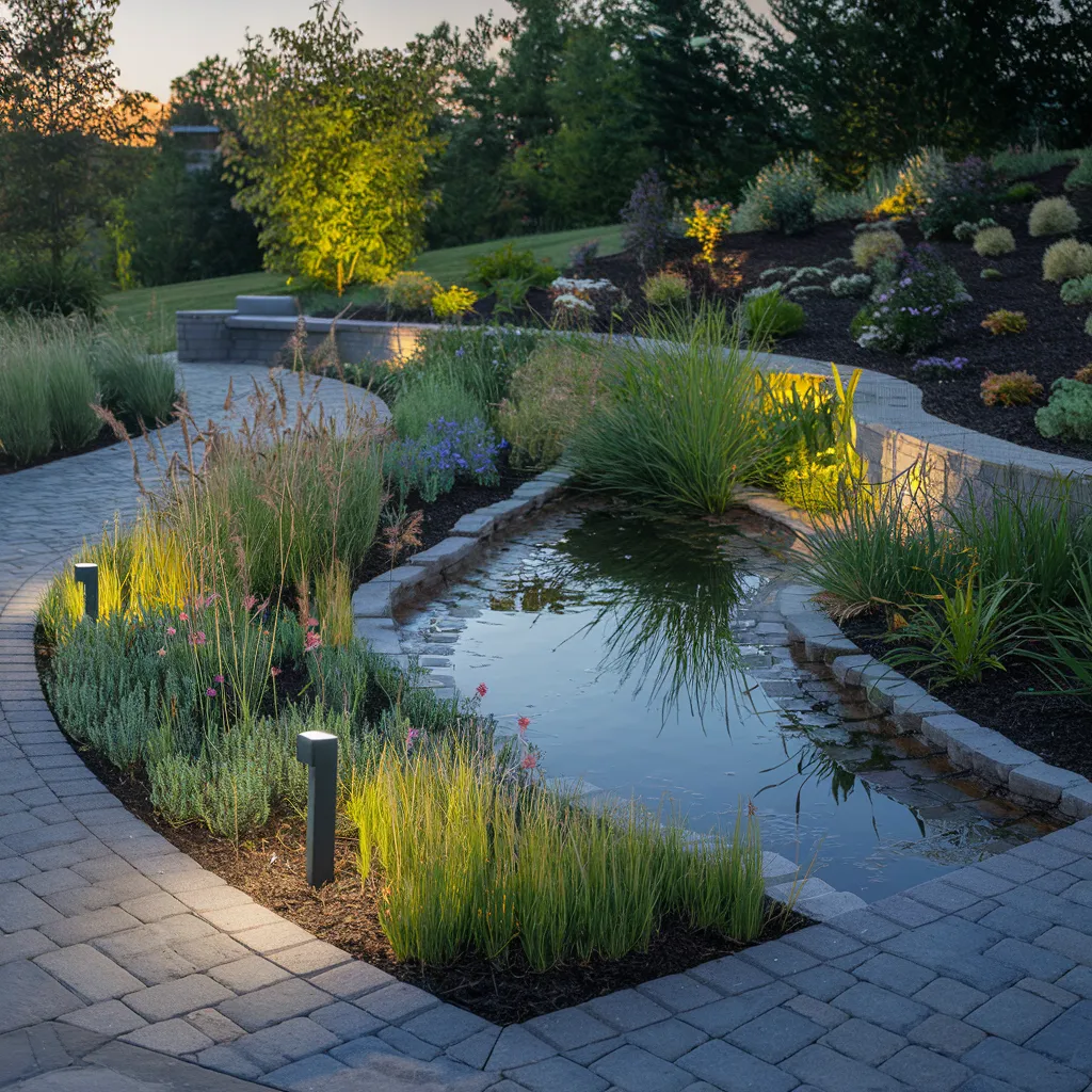 Backyard Rain Garden with Water Feature