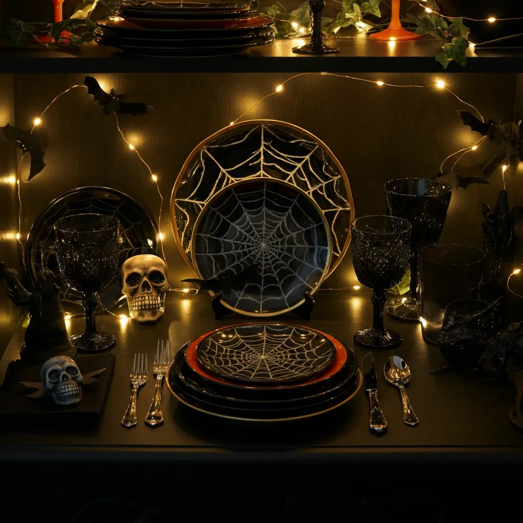 25+ Spooky-Chic Halloween Kitchen Decor Ideas You’ll Wish You Tried Sooner 12 Bewitched Dinnerware Display