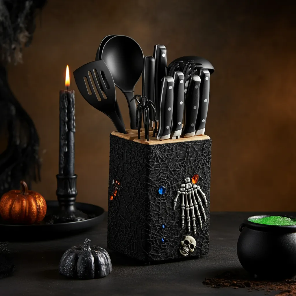 25+ Spooky-Chic Halloween Kitchen Decor Ideas You’ll Wish You Tried Sooner 13 Bewitched Utensil Block