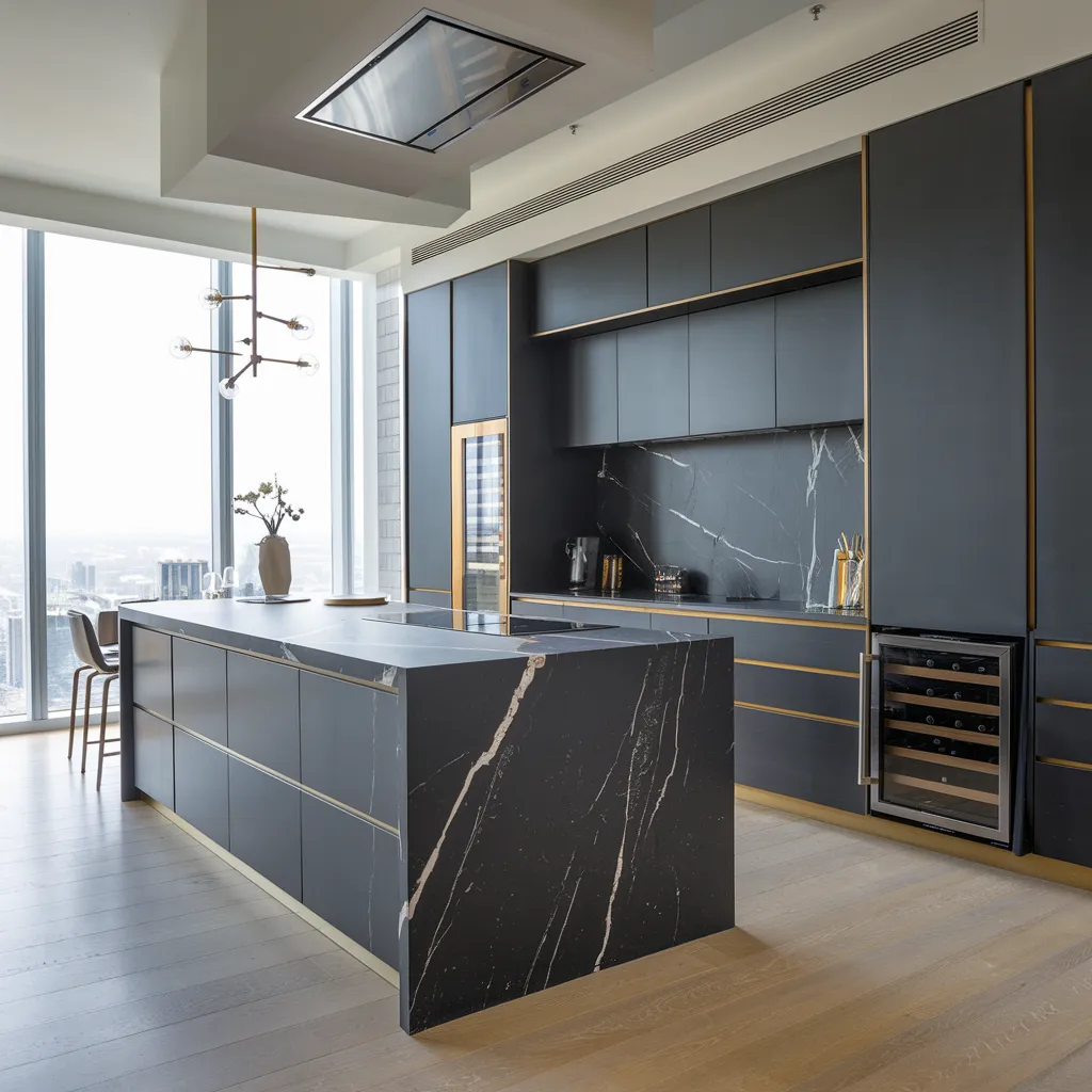 The Ultimate List of Kitchen Island Ideas That Actually Make Life Easier 18 Black Marble Waterfall Island with Brass Accents