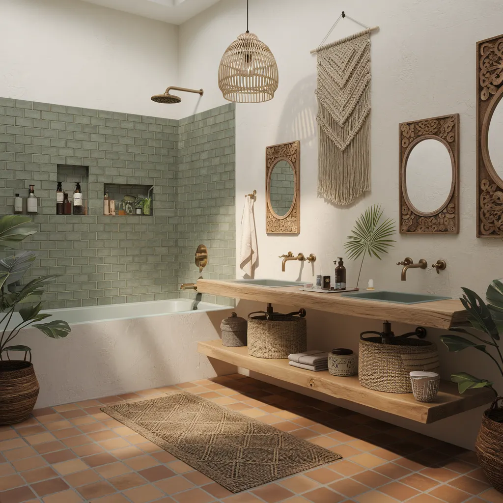 The Ultimate Guide to Sage Green Bathrooms That Feel Like Retreats 19 Boho Chic Sage Green Bathroom with Natural Warmth