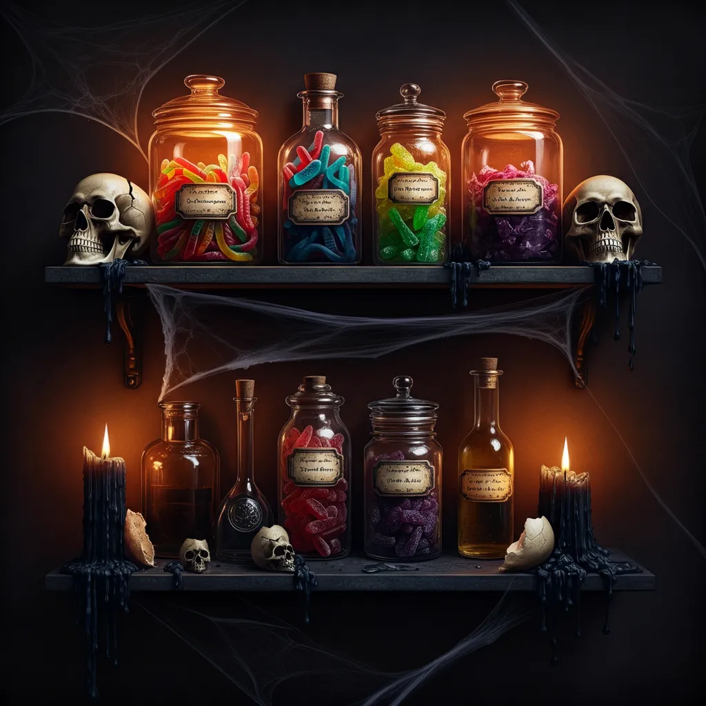 25+ Spooky-Chic Halloween Kitchen Decor Ideas You’ll Wish You Tried Sooner 21 Candy Apothecary Shelf
