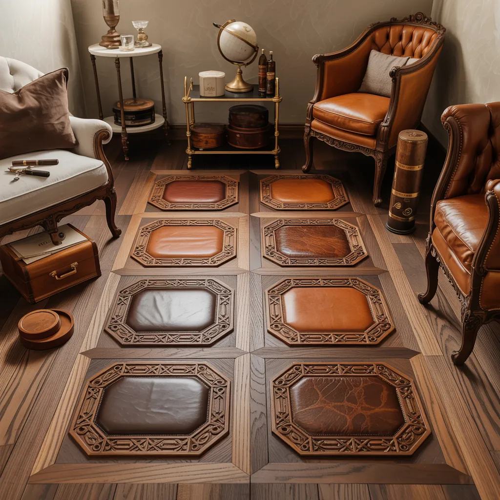 These Genius Flooring Ideas Will Make Your Rooms Look 10x Better 13 Carved Hardwood Flooring with Inset Leather Panels