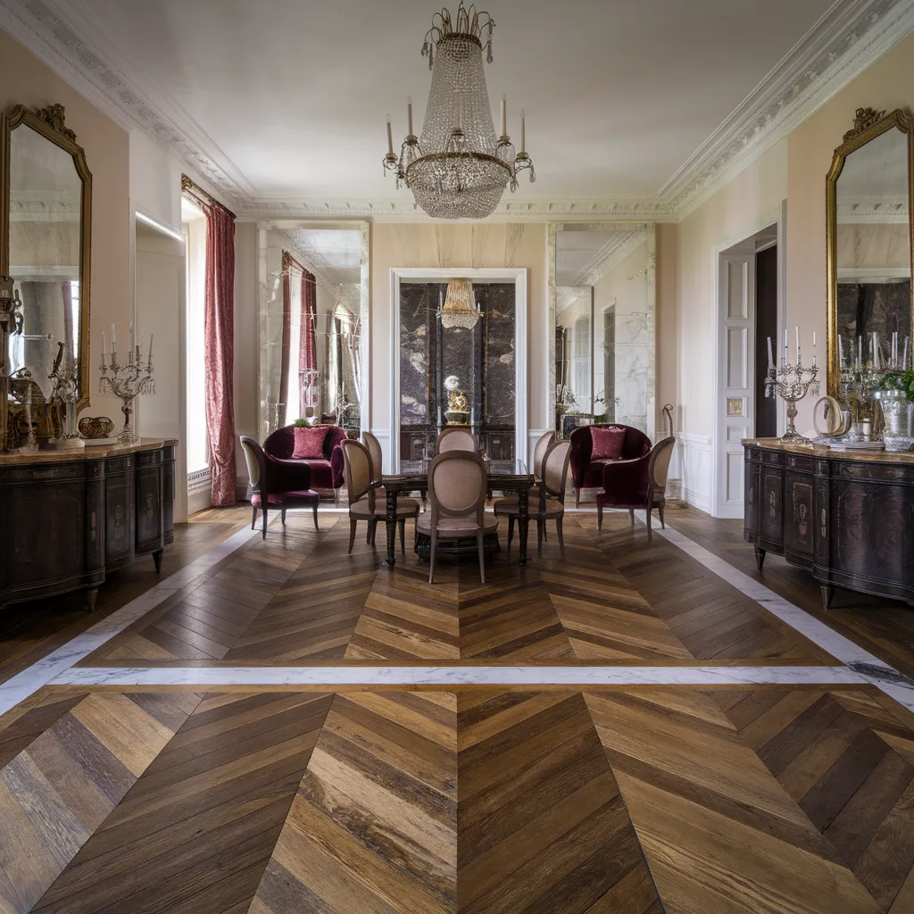 These Genius Flooring Ideas Will Make Your Rooms Look 10x Better 3 Chevron Wood with Marble Inlay