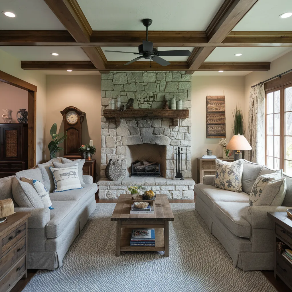 Warm Rustic Living Room Ideas You’ll Wish You Tried Sooner 16 Classic Comfort with a Coffered Ceiling and Stone Details