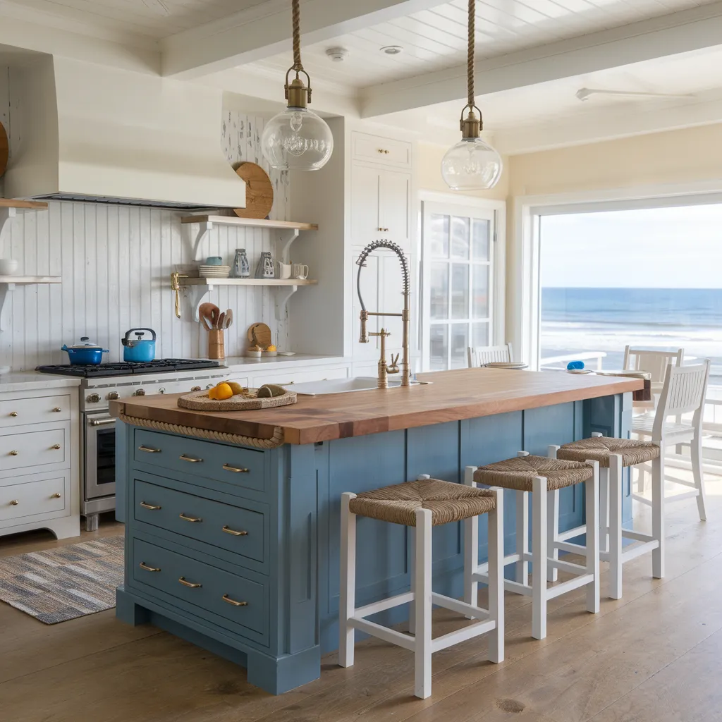 The Ultimate List of Kitchen Island Ideas That Actually Make Life Easier 21 Coastal Blue Island with Butcher Block Top
