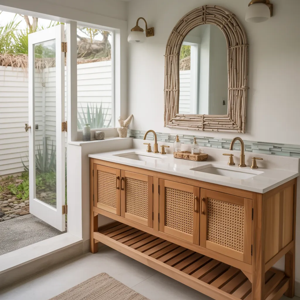 24 Bathroom Vanity Ideas So Beautiful, You’ll Want to Remodel Today 5 Coastal Breeze – Rattan Front Double Vanity in Teak Finish