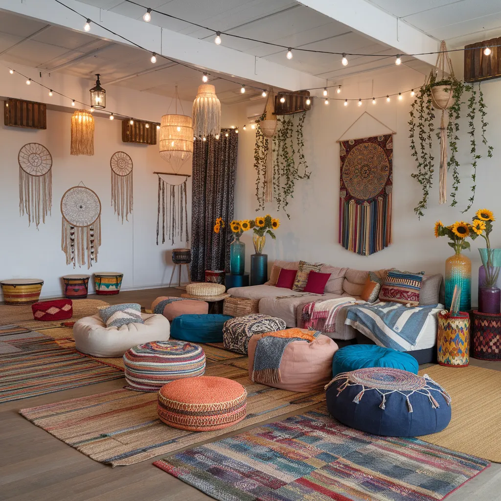 Cozy Yet Stylish: Boho Living Room Ideas That Feel Like a Dream 3 Colorful Boho Living Room with Cozy Poufs and Textured Decor