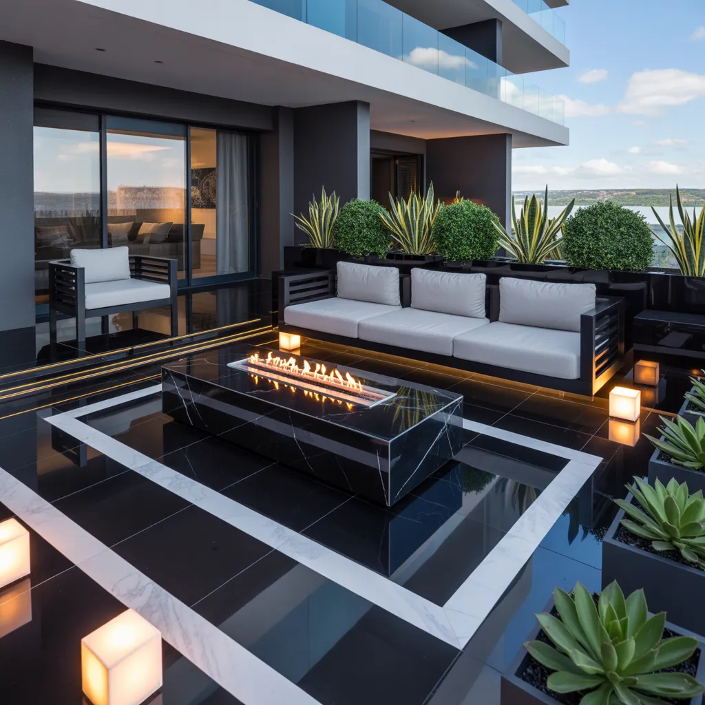 Contemporary Black and White Terrace with Fire Feature