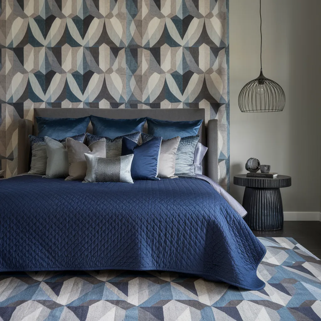 Contemporary Blue Geometric Men’s Bedroom