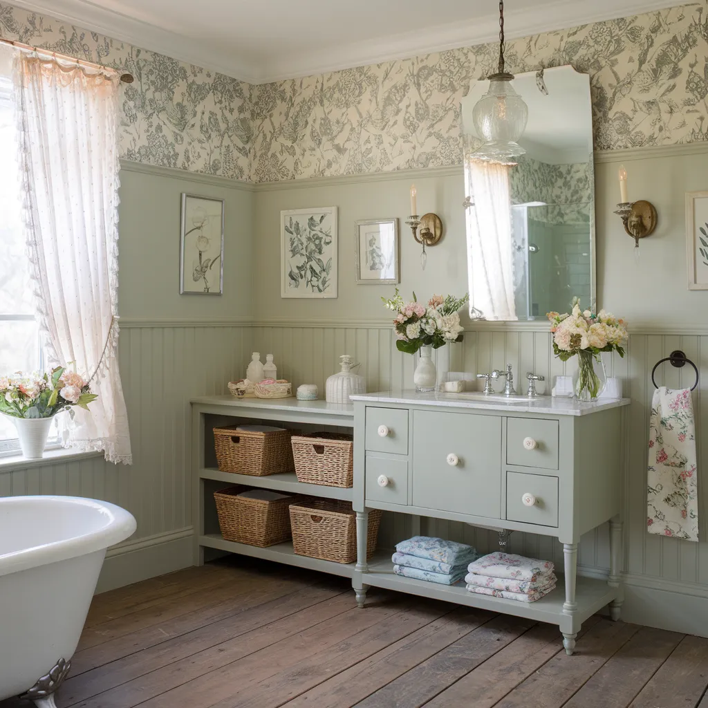 The Ultimate Guide to Sage Green Bathrooms That Feel Like Retreats 11 Cottage Style Sage Green Bathroom with Floral Accents