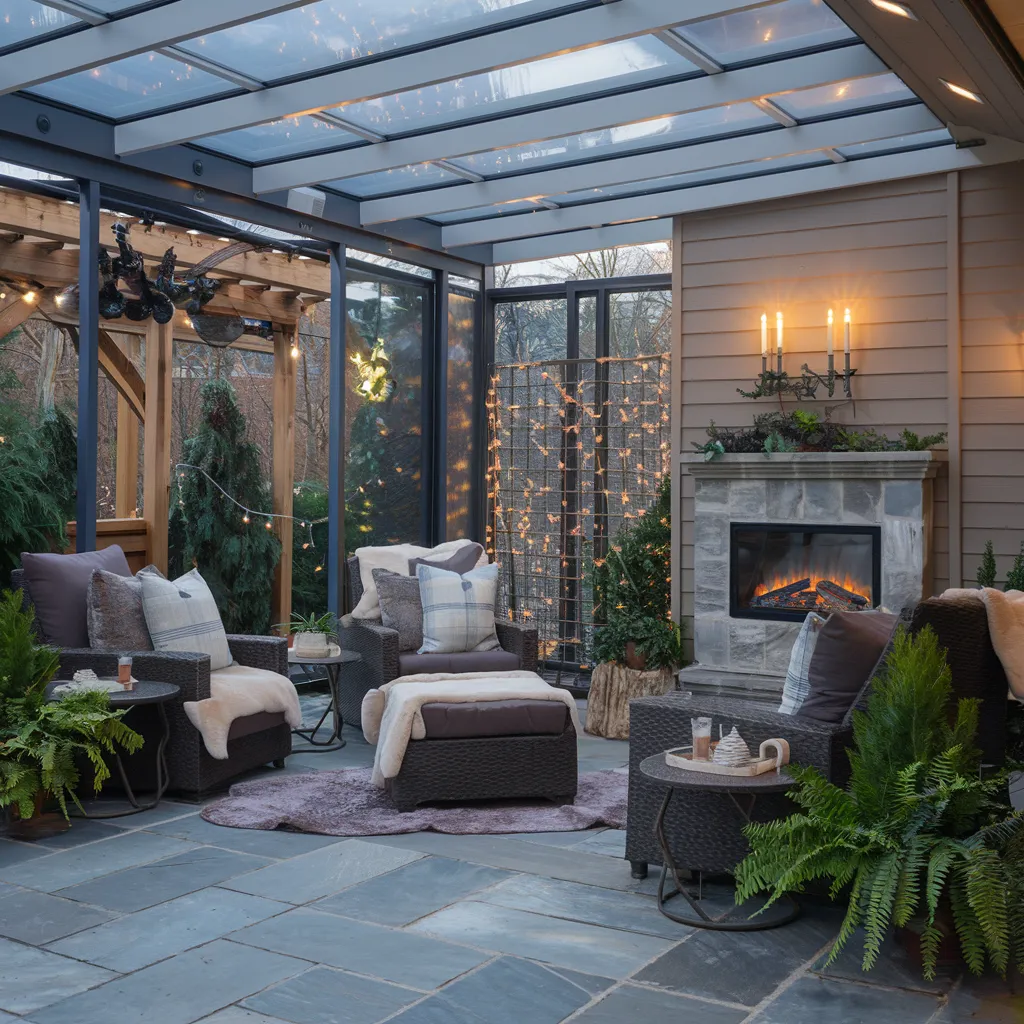 31+ Unique Patio Ideas That Will Make You Never Want to Go Inside 18 Cozy Enclosed Winter Patio with Fireplace Glow