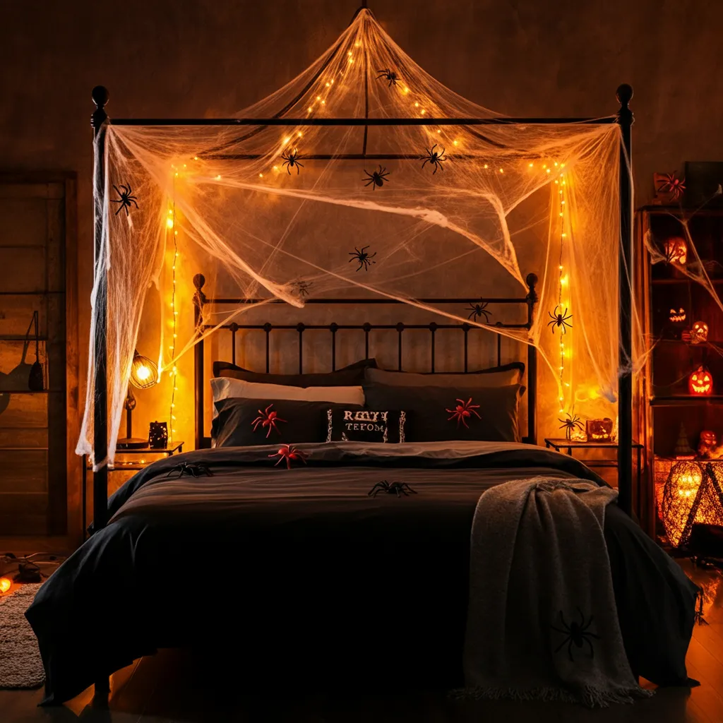 Spooky & Stylish: Halloween Bedroom Ideas You’ll Love 24 Creepy Canopy of Cobwebs