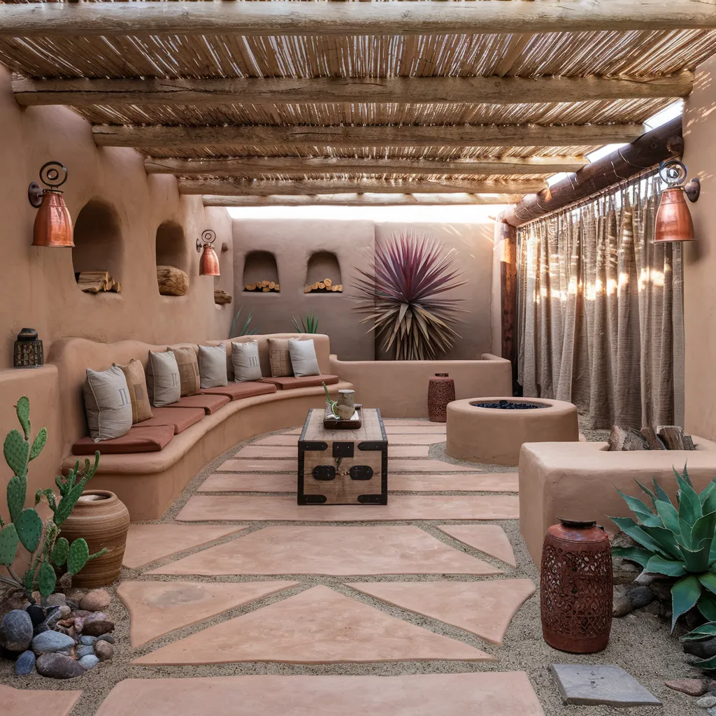 31+ Unique Patio Ideas That Will Make You Never Want to Go Inside 19 Desert Oasis Patio with Adobe Fire Pit and Built-In Seating